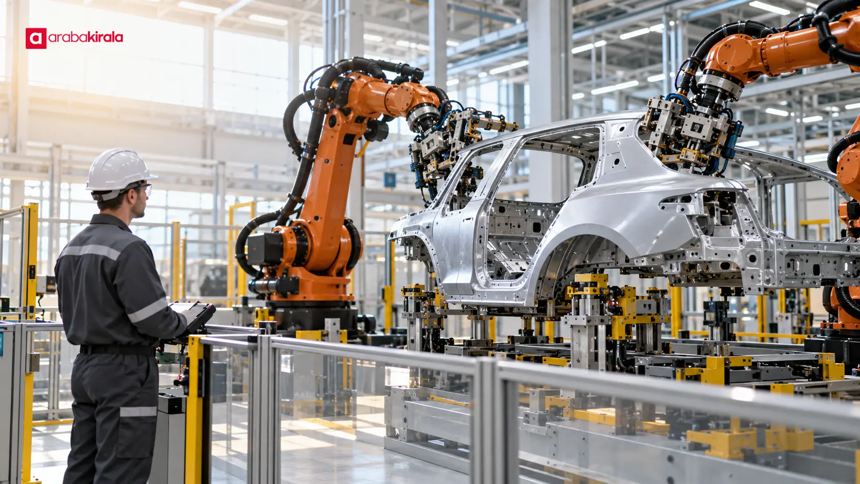 Otomotiv üretim hattında robotik kolu güvenli alandan izleyen teknisyen Otomotiv üretim hattında robotik kolu güvenli alandan izleyen teknisyen