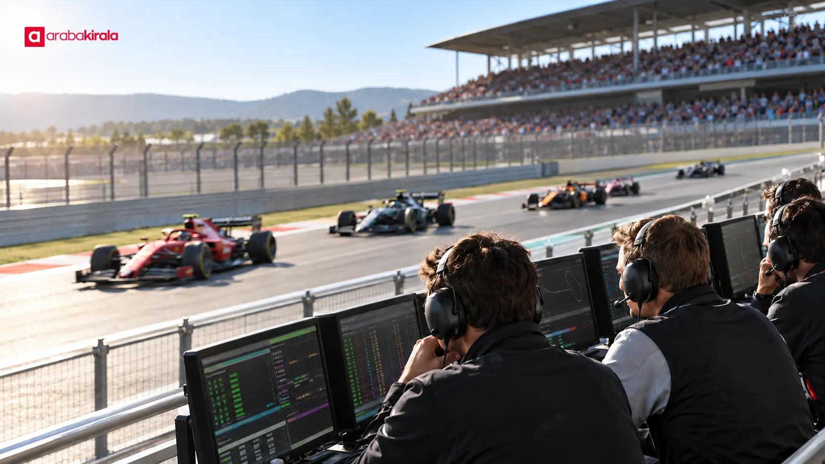 Formula 1 sprint sıralama turları sırasında pist kenarında süreleri takip eden ekip Formula 1 sprint sıralama turları sırasında pist kenarında süreleri takip eden ekip