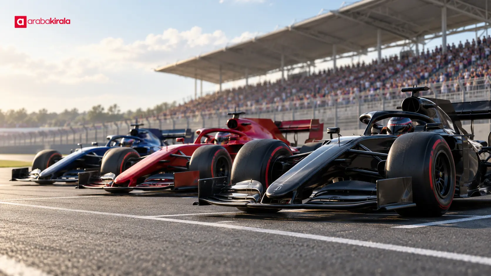 Ana Grand Prix startı öncesinde başlangıç çizgisinde dizilen Formula 1 araçları Ana Grand Prix startı öncesinde başlangıç çizgisinde dizilen Formula 1 araçları
