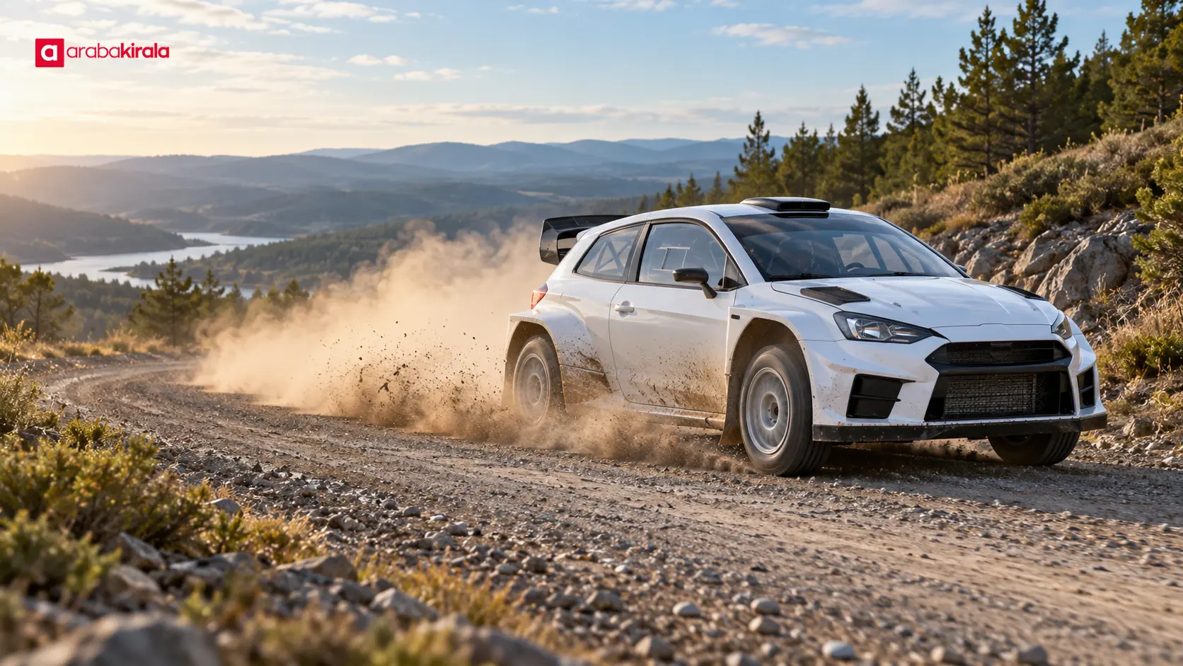 Gevşek çakıllı zeminde hızlanan ralli otomobili