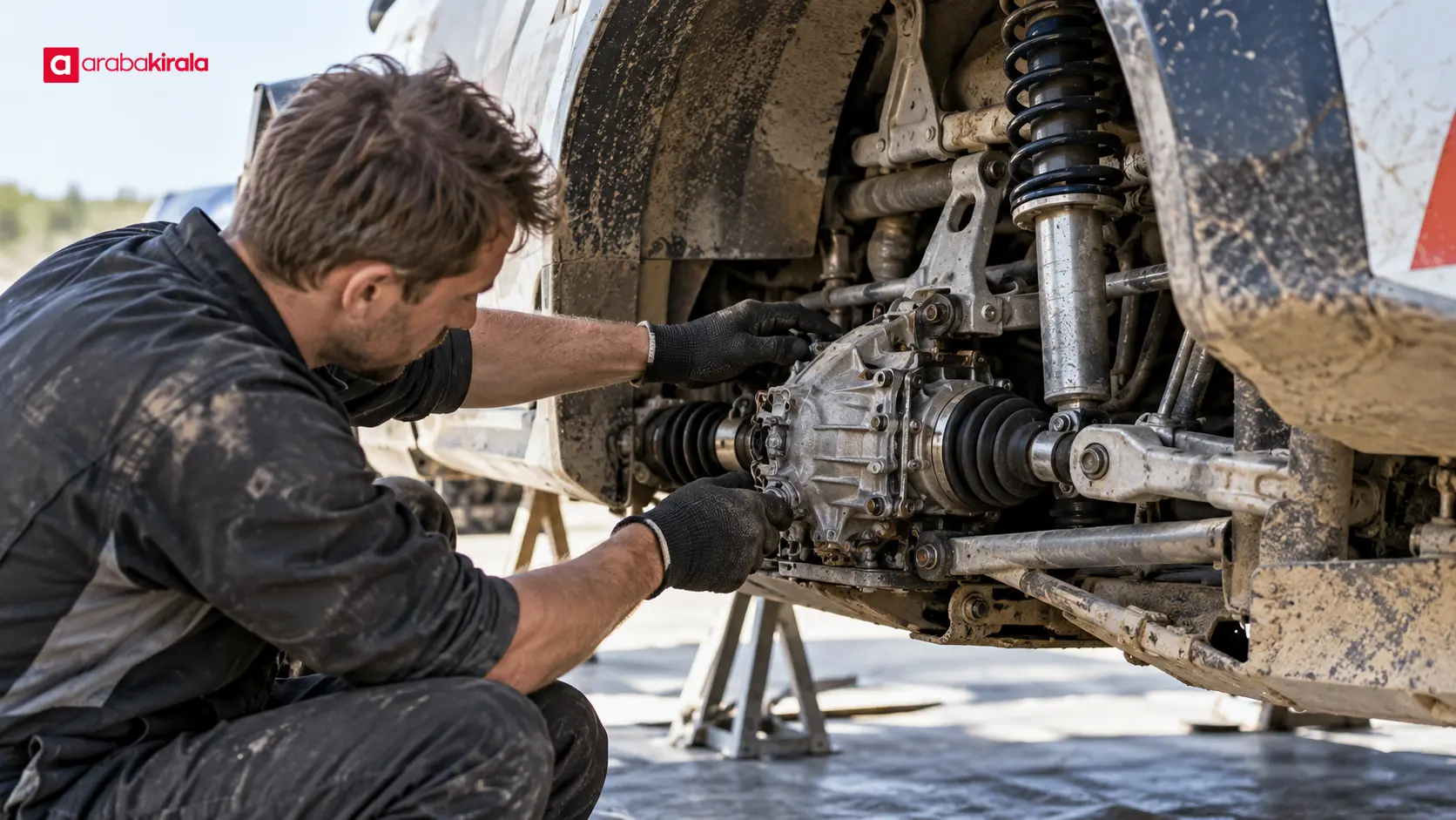 Servis alanında ralli otomobilinin aktarma organlarını inceleyen teknisyen