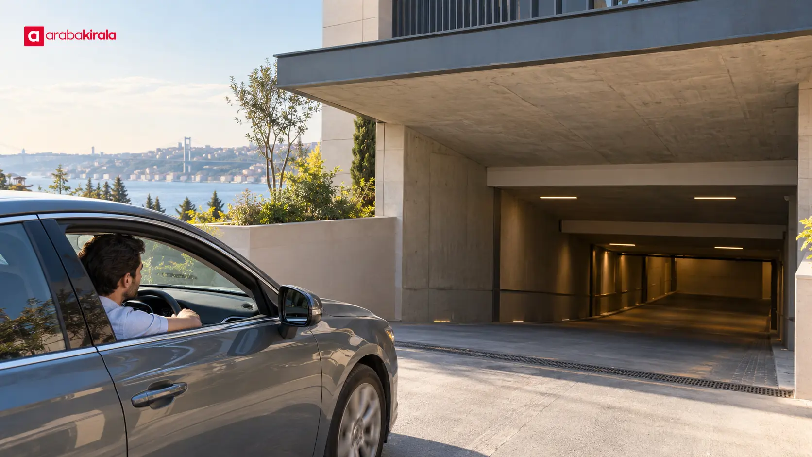 İstanbul’da konaklama otoparkının giriş rampasını ve araç yüksekliği açıklığını inceleyen sürücü İstanbul’da konaklama otoparkının giriş rampasını ve araç yüksekliği açıklığını inceleyen sürücü