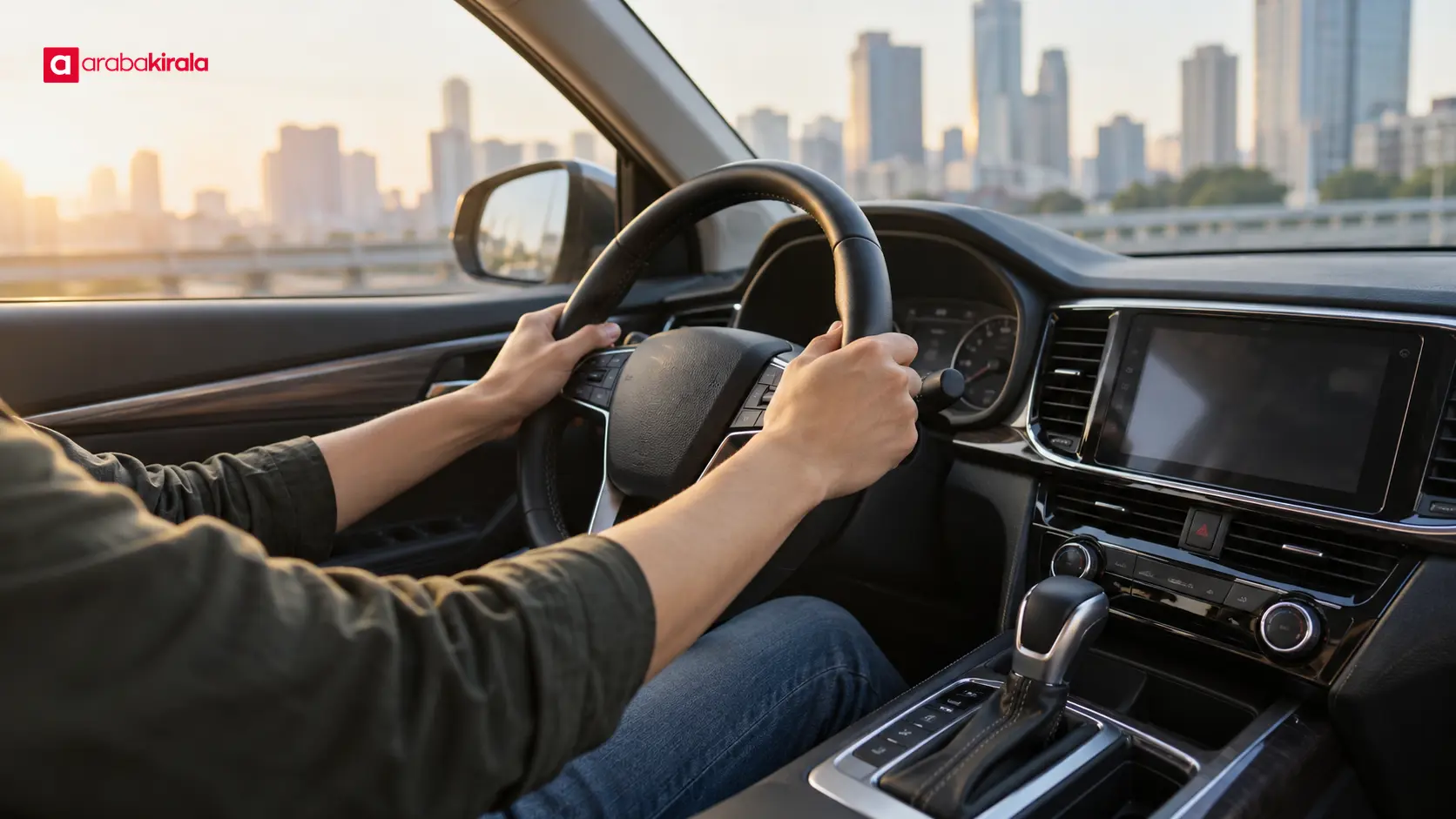 Şehir içi trafikte otomatik vitesli bir araç kullanan sürücü Şehir içi trafikte otomatik vitesli bir araç kullanan sürücü