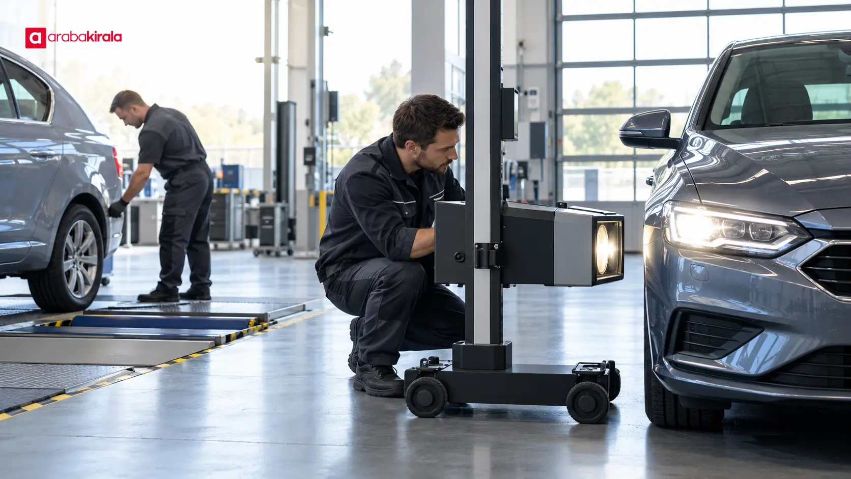 Otomotiv test merkezinde bir aracın far ve fren sistemleri inceleniyor Otomotiv test merkezinde bir aracın far ve fren sistemleri inceleniyor