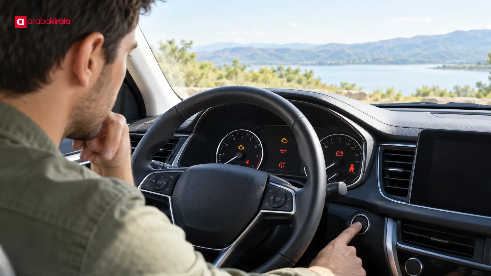Sürücü, kiralık aracın motorunu çalıştırmadan önce gösterge panelindeki simgeleri inceliyor. Sürücü, kiralık aracın motorunu çalıştırmadan önce gösterge panelindeki simgeleri inceliyor.