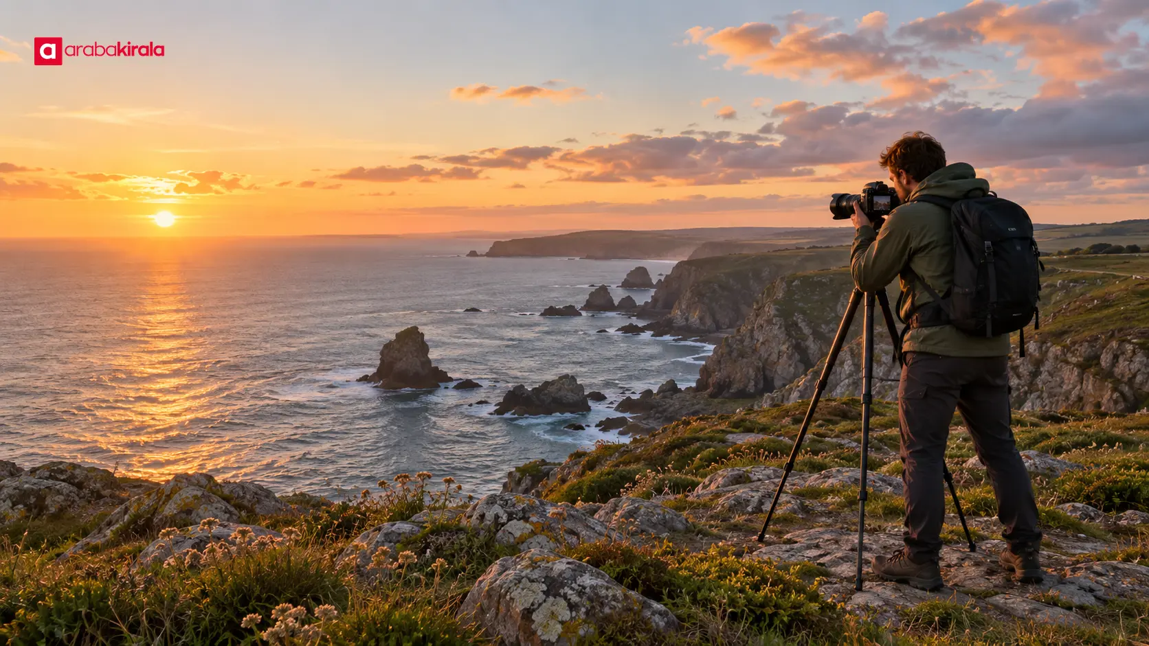 Gün batımında kıyı manzarasını tripodla çeken fotoğrafçı Gün batımında kıyı manzarasını tripodla çeken fotoğrafçı